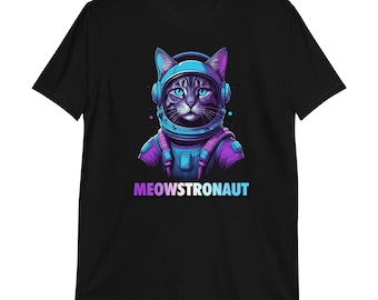 May include: A black t-shirt with a graphic of a cat wearing an astronaut helmet. The cat is blue and purple, and the text "MEOWSTRONAUT" is printed below the image.