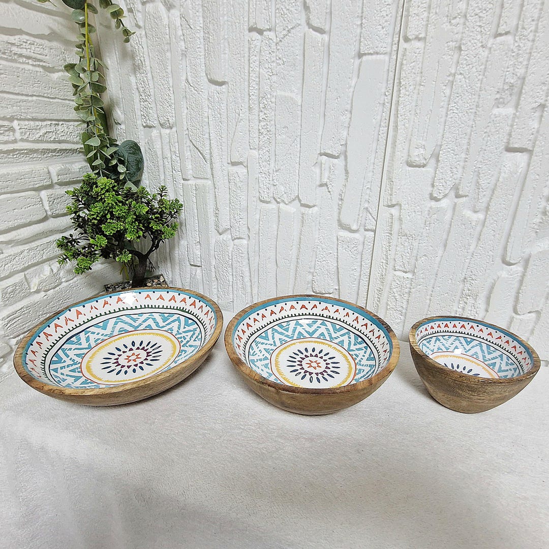 Set of 3 Decorative Wooden Bowls With Enameled Interior, Multicolour ...