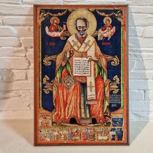 Vintage Orthodox Icon of Saint Nicholas – Wood Panel Wall Art – Byzantine Christian Religious Decor – 40cm Tall – Ready to Hang Icon Print
