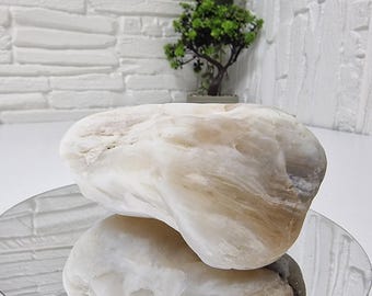 May include: A smooth, polished white and beige stone with natural veining and an irregular, rounded shape. The stone is positioned on a circular mirror, creating a clear reflection of its textured surface and light-colored mineral patterns.