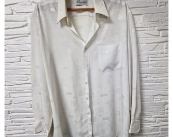 Camisa vintage Al Sendebad blanca de jacquard, talla XL 43/44, con estampado de satén semitransparente