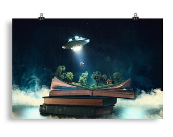 Open Book With a UFO Abduction Fairytale Scene