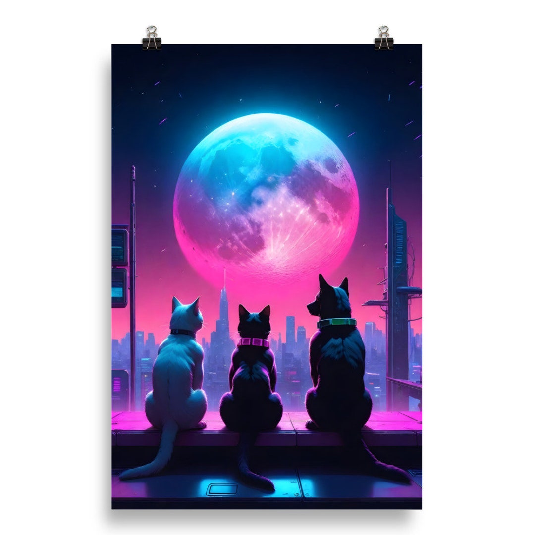 Cyberpunk Design of Cats and Dog Staring a Futuristic World Poster - Etsy