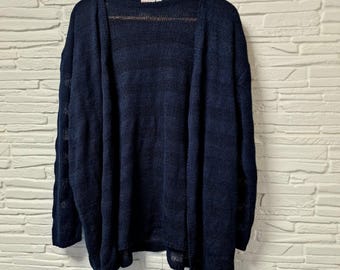 Vintage Navy Open Front Cardigan 3XL Queen Size Knit Sweater Polyacryl Plus
