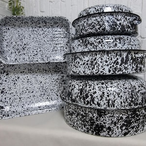 Vintage Enamel Roaster Pan Set – 5 Pc Graniteware – Speckled Black & White Oval Roasters w/ Lids + Trays –  Rare Farmhouse Kitchen Cookware