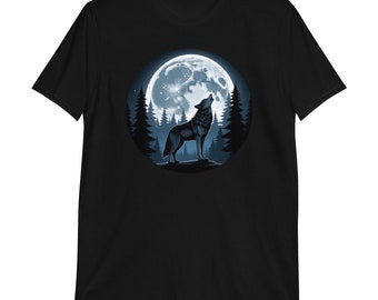 Wolf With a Night Sky background, a Full Moon and Stars - Unisex T-Shirt