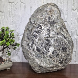 Op de afbeelding: Een grote, onregelmatig gevormde natuursteen met een complex patroon van donker antracietgrijze en zwarte mineraalafzettingen verweven met helderwitte aders en strepen, wat zorgt voor een contrastrijk, getextureerd oppervlak over de hele steen.