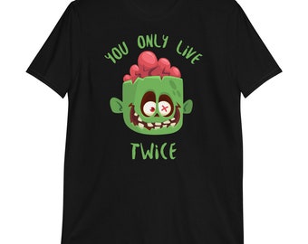 May include: Black t-shirt with a green zombie cartoon and the text "You only live twice".