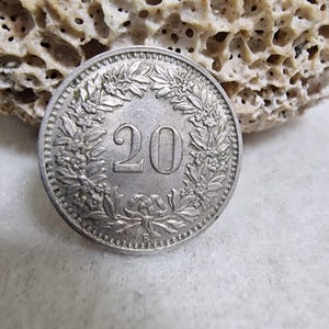 1951 20 Rappen LIBERTAS Coin – Swiss Vintage Copper-Nickel Coin – XF Condition – Historic Collectible – Floral Wreath Reverse – Rare Find