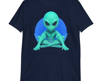 May include: A navy blue t-shirt with a graphic of a green alien sitting in a blue circle.