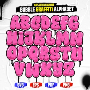 Alfabeto graffiti colore rosa, lettere graffiti, graffiti gocciolanti, bolle graffiti, carattere gocciolante graffiti bolle in EPS SVG graffiti gocciolanti