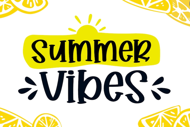 May include: A yellow banner with the text "summer vibes" in black lettering. A yellow sun with rays is above the banner. There are yellow lemon slices on the top and bottom of the image.