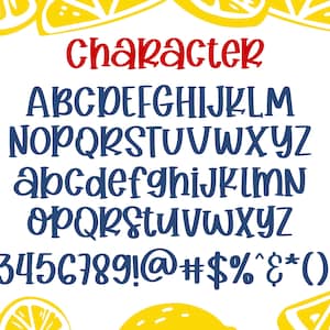 May include: A blue and white alphabet font with uppercase and lowercase letters, numbers, and symbols. The font is displayed against a white background with yellow lemon slices around the edges.