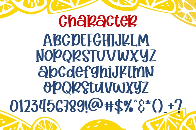 May include: A blue and white alphabet font with uppercase and lowercase letters, numbers, and symbols. The font is displayed against a white background with yellow lemon slices around the edges.