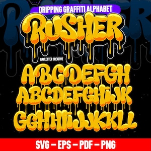 May include: A digital graphic showcasing a yellow dripping graffiti alphabet. The word "RUSHER" is at the top, with the rest of the alphabet below. The image includes the text "DRIPPING GRAFFITI ALPHABET" and "SVG - EPS - PDF - PNG".