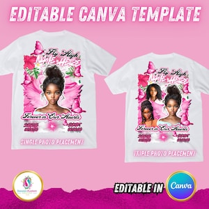 May include: Editable Canva template for a t-shirt design featuring a pink and white floral design with the text "Fly High Name Here" and "Forever in Our Hearts". The design includes a single photo placement option and a triple photo placement option.