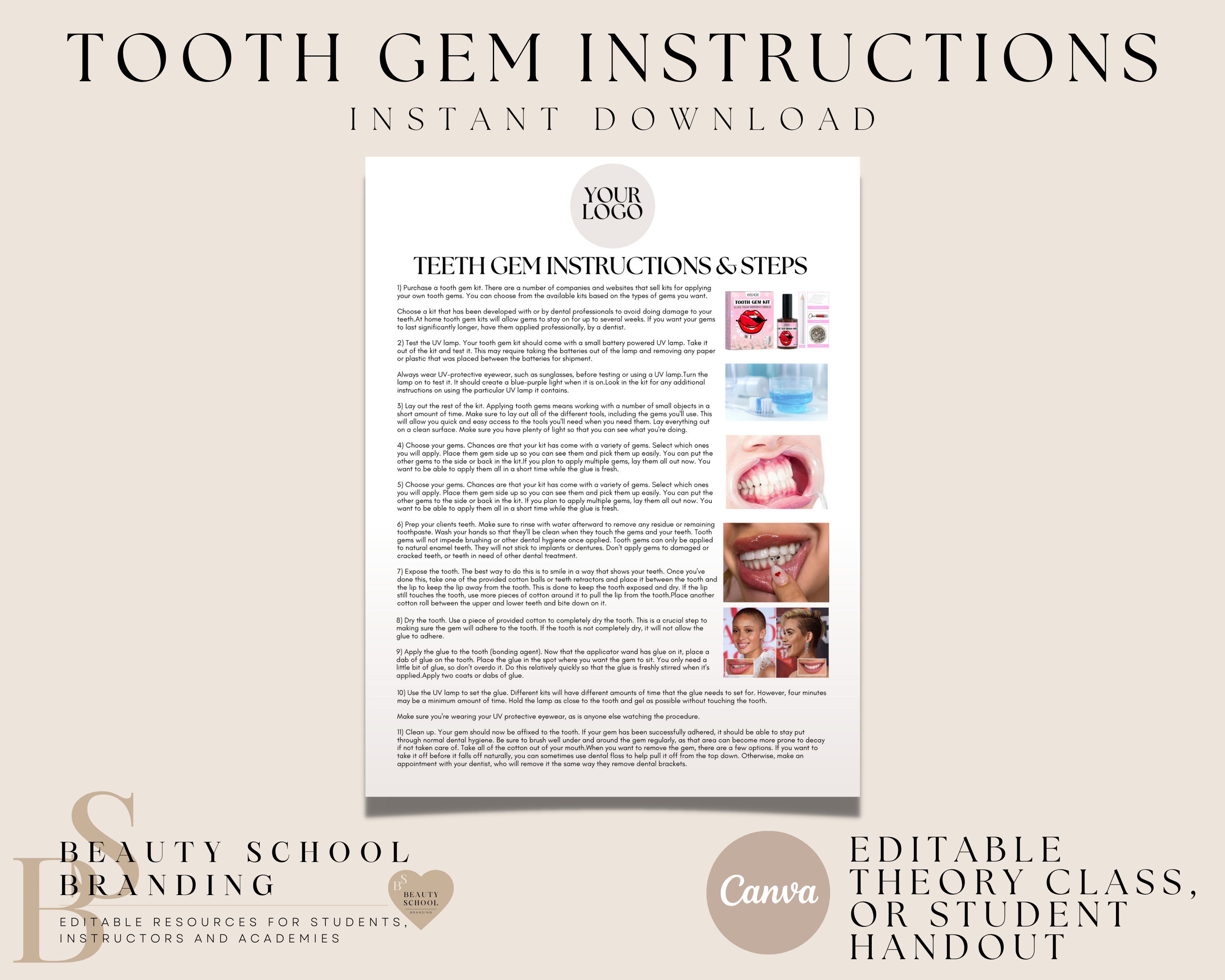 Student Tooth Gems Class Handout Notes, Revision Theory Add Ons,  Information Sheet, Tooth Gems Protocols Reference Sheet, Editable in Canva  -  Sweden