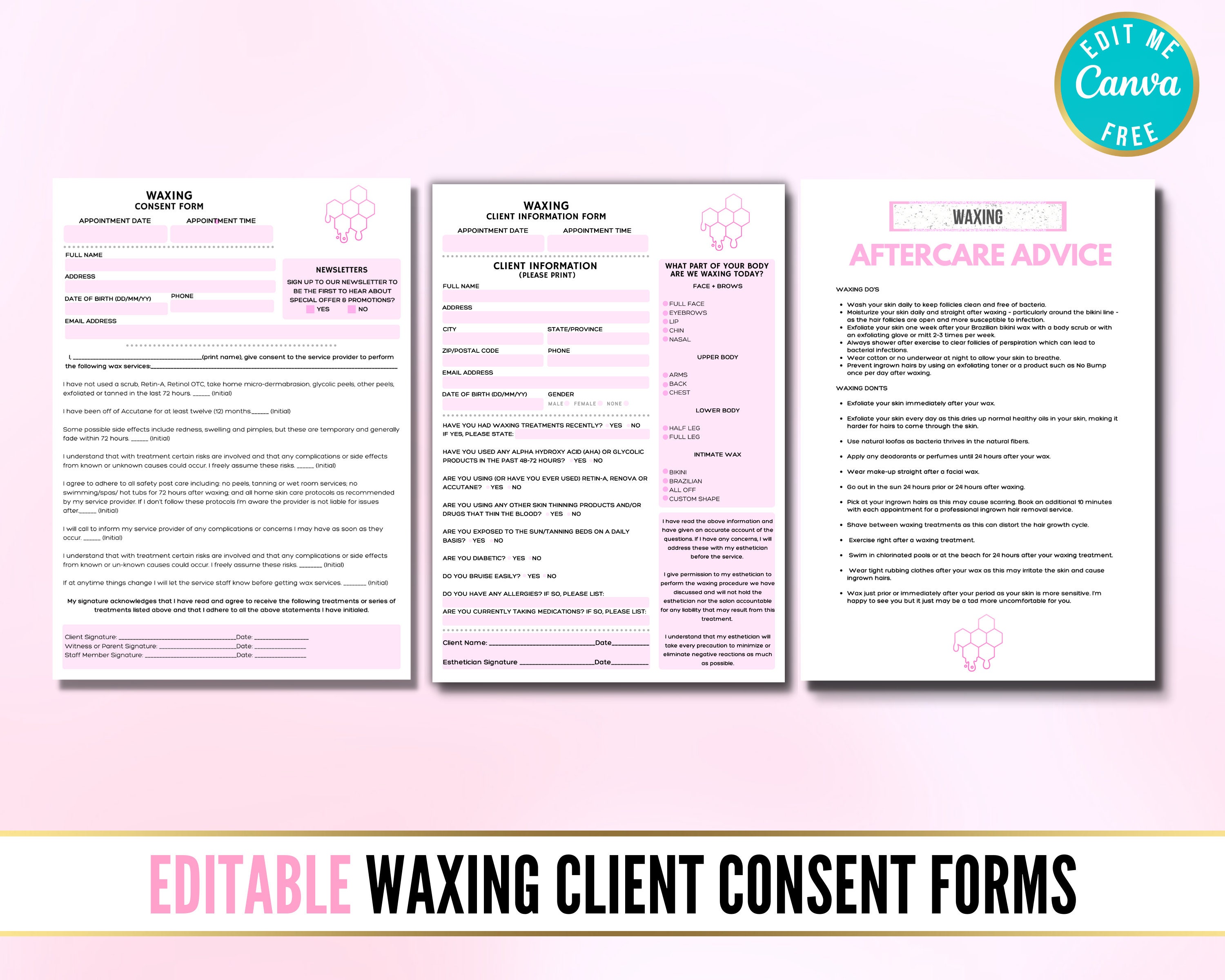 Waxing Consent Forms Waxing Client Intake Wax Aftercare Etsy