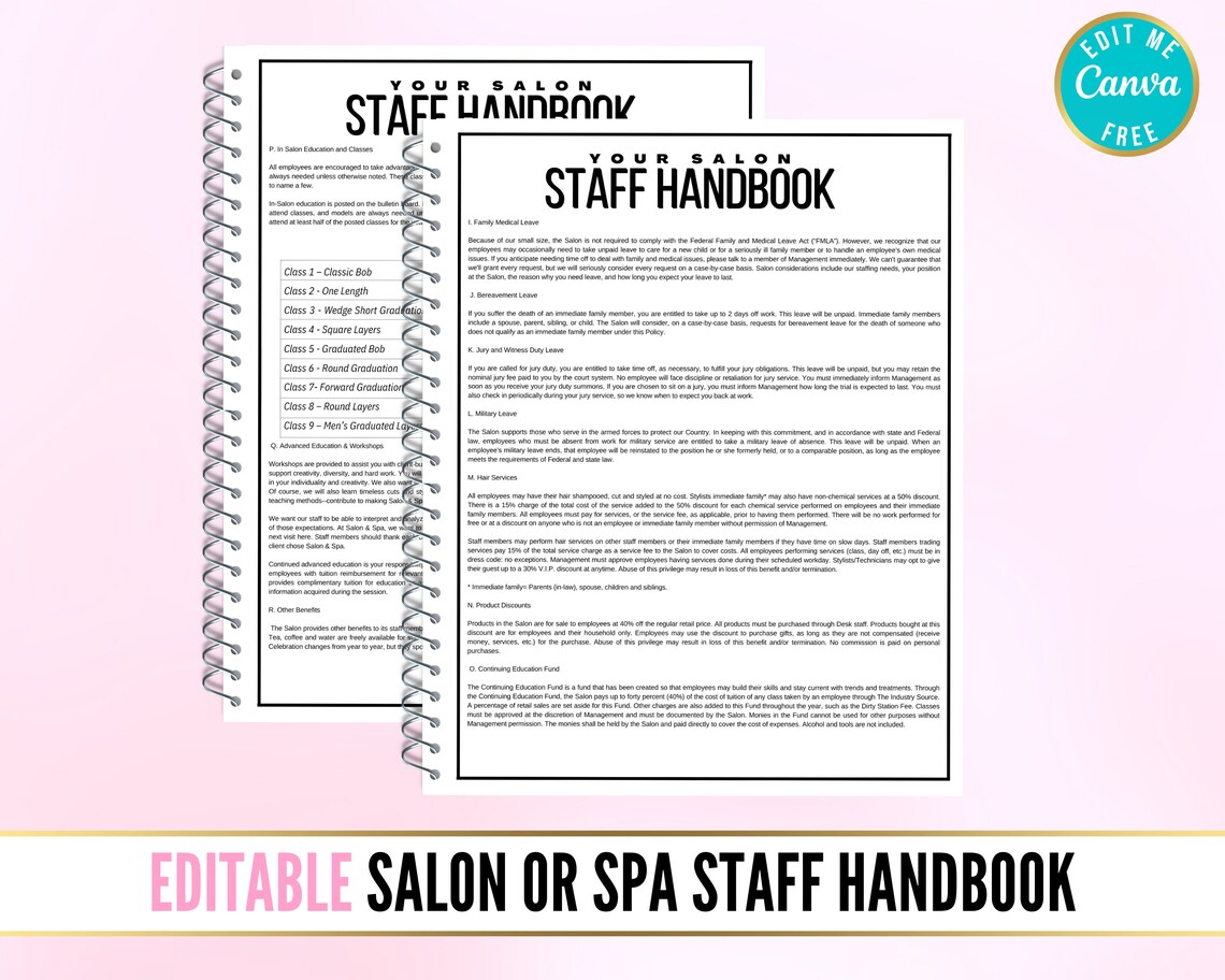 Salon Staff Handbook Spa Staff Handbook Employee Handbook Etsy