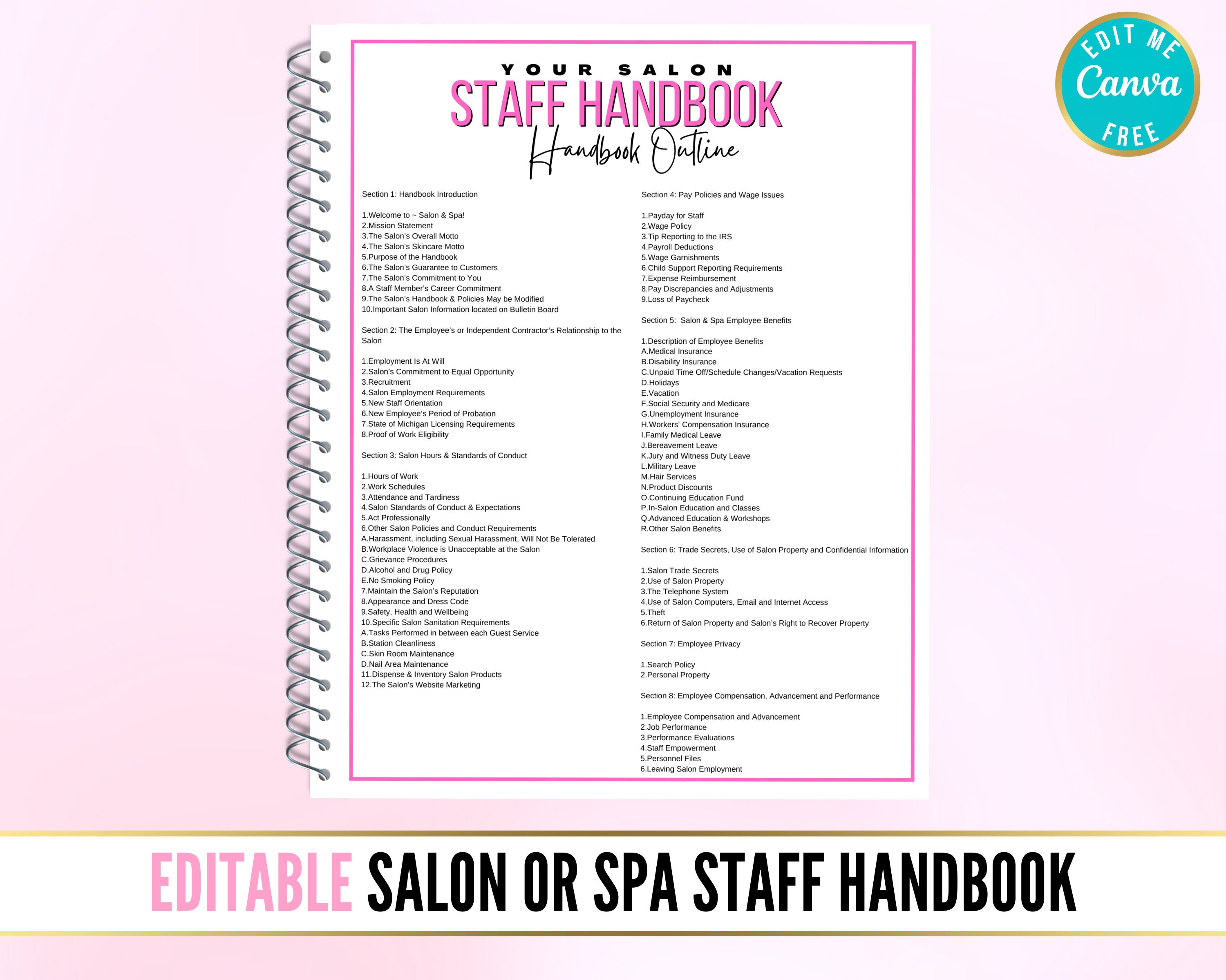 Salon Staff Handbook Pink Employee Handbook Spa Staff Etsy