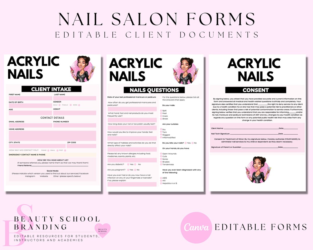 Acrylic Nails Consent Forms, Nail Extensions Intake Forms, Nail