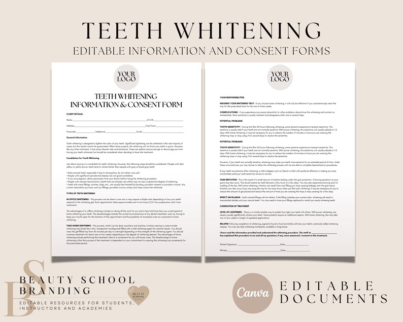 Teeth Whitening Consent Form Liability Waiver Editable Etsy