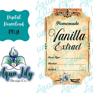 May include: A printable vintage-style label for homemade vanilla extract. The label has a brown background with a white border and features a floral design. The text on the label reads "Homemade Vanilla Extract".