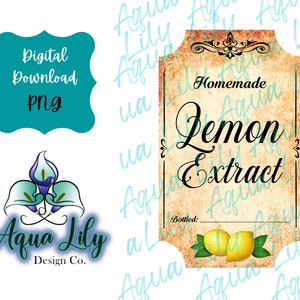 May include: A vintage-style label for homemade lemon extract. The label is printed on aged paper with a brown background and features a decorative flourish at the top. The text "Homemade Lemon Extract" is printed in black cursive font. The label also includes the text "Bottled:" and a space for the date.
