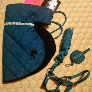 May include: Teal horse halter, lead rope, and a quilted teal and black horse neck wrap with a silver trim and a horse head logo. The neck wrap has the text "Morsaki I Futroki by ALHM Hobby Horse" on a pink tag.