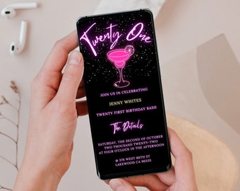Uitnodiging 21e verjaardag, roze Margarita Neon Design (digitale uitnodiging)