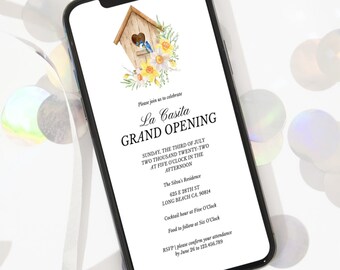 Invitación de inauguración de casa con diseño de casita de pájaros, plantilla editable (descarga digital)