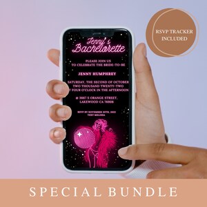 Lot édition spéciale : invitation à une soirée entre célibataires rose vif avec néons, téléchargement instantané, invitation numérique, comprend un suivi RSVP