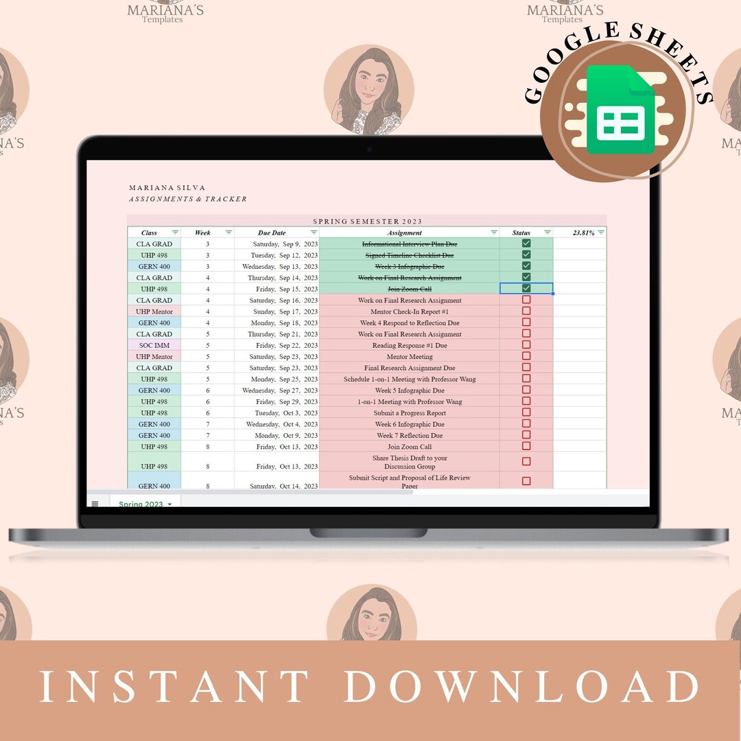 Rose Pink Student Planner, Assignment Tracker on Google Sheets (digital ...