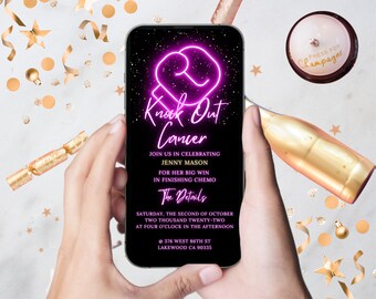 Knock Out Cancer Editable Invitation Template, Hot Pink Neon Light Design, Boxing Theme, All Pink Invite, Instant Download, SMS, Share