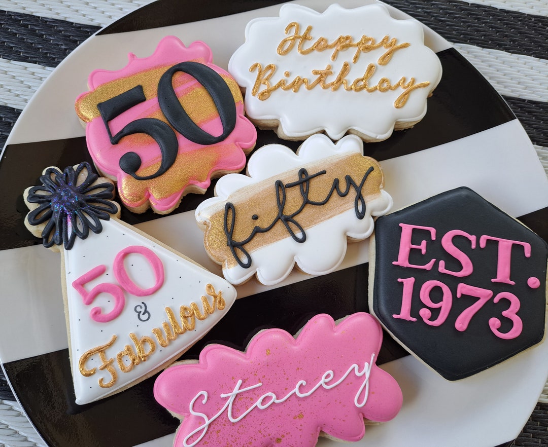 Black, Pink & Gold Birthday Decorated Sugar Cookies Etsy