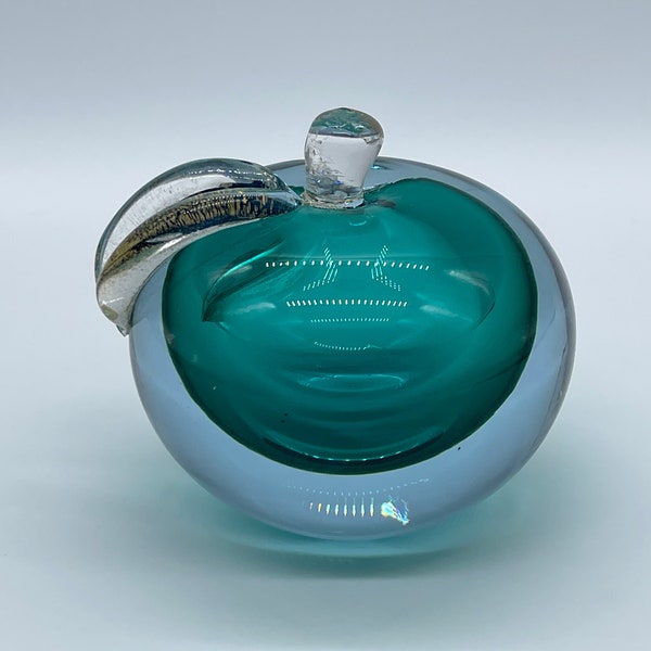 Alfredo Barbini Art Glass Apple Paperweight Polished Bottom Two Tone Blue 3in. - READ