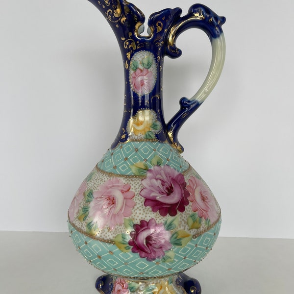 Hand Painted Asian Style Floral Vase Roses With Cobalt Blue And Gold Accents 12in - READ