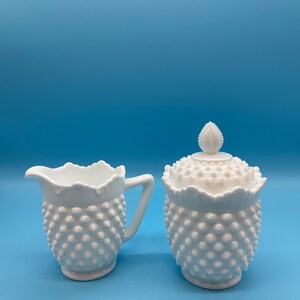 Fenton Hobnail White Milk Glass Covered Sugar & Creamer Set - READ