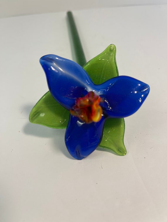 Glass Flower Hand Blown Long Stem Blue Red Floral Etsy