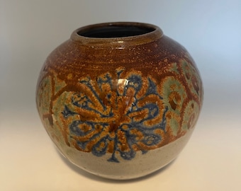 Art Pottery Vase Blue Brown Green 4.5in. Tall - Signed