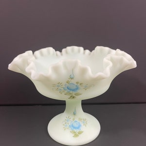 Fenton Blue Satin (See Picture #3) Hand Painted Compote Candy Bowl Ruffled Rim Signed 5.75 in Tall Pedestal Base