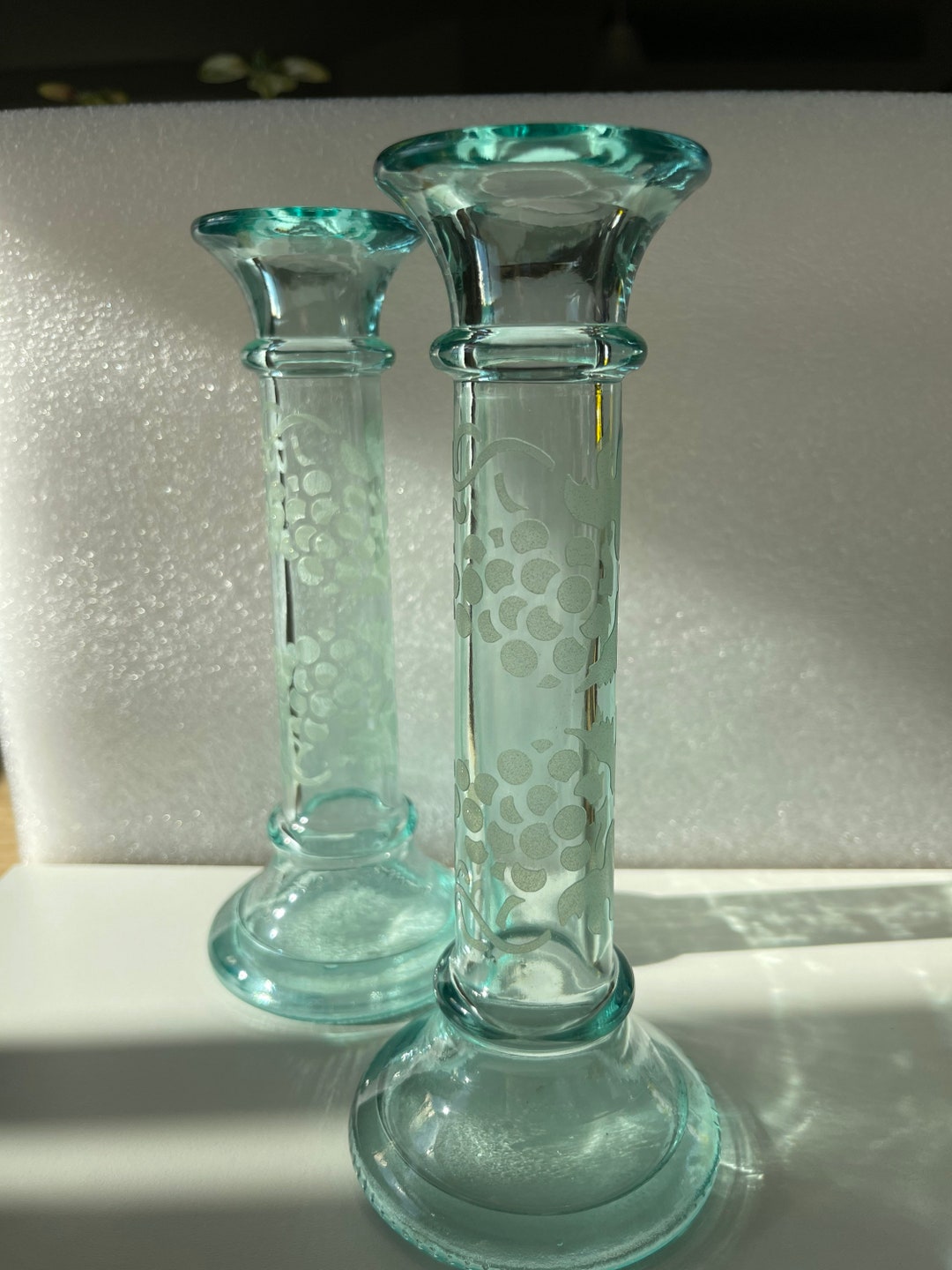 Translucent Aqua Blue Glass Candlestick Holders With Etched Etsy