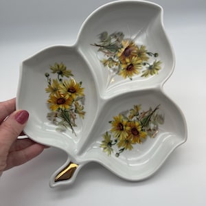Leaf Shaped Nut Dish Yellow Daisies Old Nuremberg Bavaria Germany