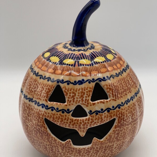 Polish Pottery Pumpkin Jack O Lantern Unikat Liminary 7in. Tall