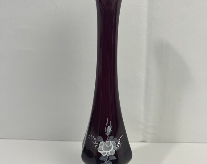 Vintage Fenton Ruby Red Swung Bud Vase Hand Painted Artist Signed 81