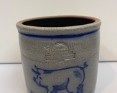 Rowe Pottery Works 1984 Salt Glazed Crock Cobalt Blue Pig 5-1 4 Ht.