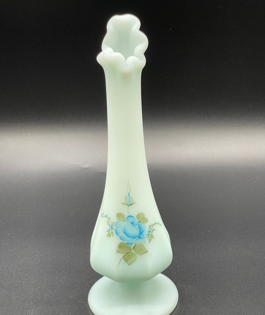 Fenton Pale Blue Satin Bud Vase Hand Painted Signed 7.5in Tall Etsy