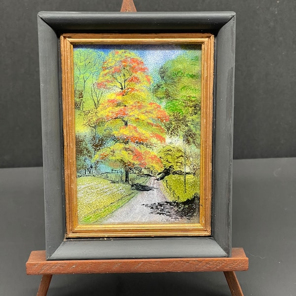 Hand Painted Framed Ceramic Tile Picture With Stand Country Lane Trees 6 x4.5 Signed E. Lewis