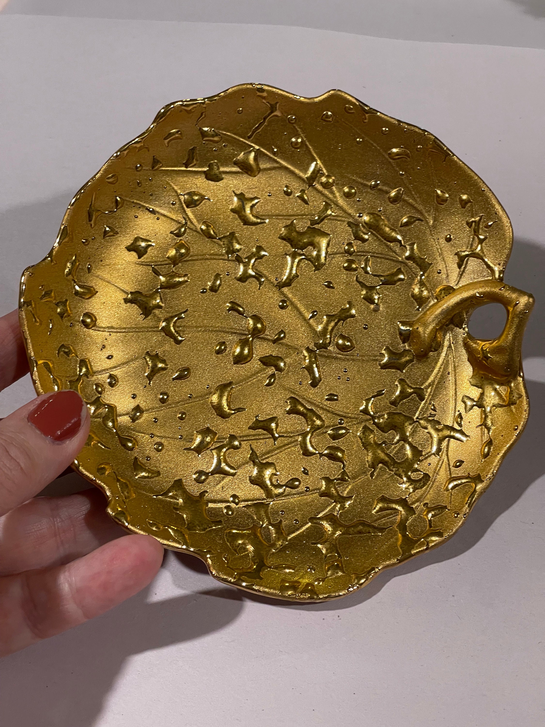 Weeping bright gold hand decorated leaf shaped trinket dish etsy