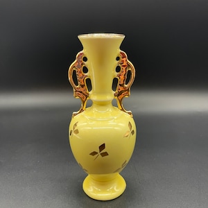 Vintage Le Pere Pottery Yellow Bud Vase Gold Leaves & Trim 6in. Tall